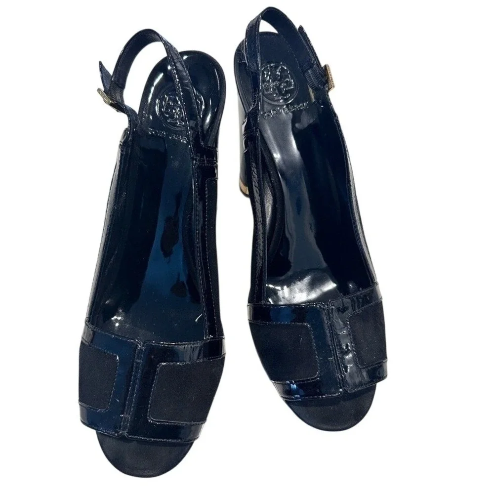 Tory Burch Black Patent Suede Platform Slingback Block Heels Gold‎ Trim Size 11M